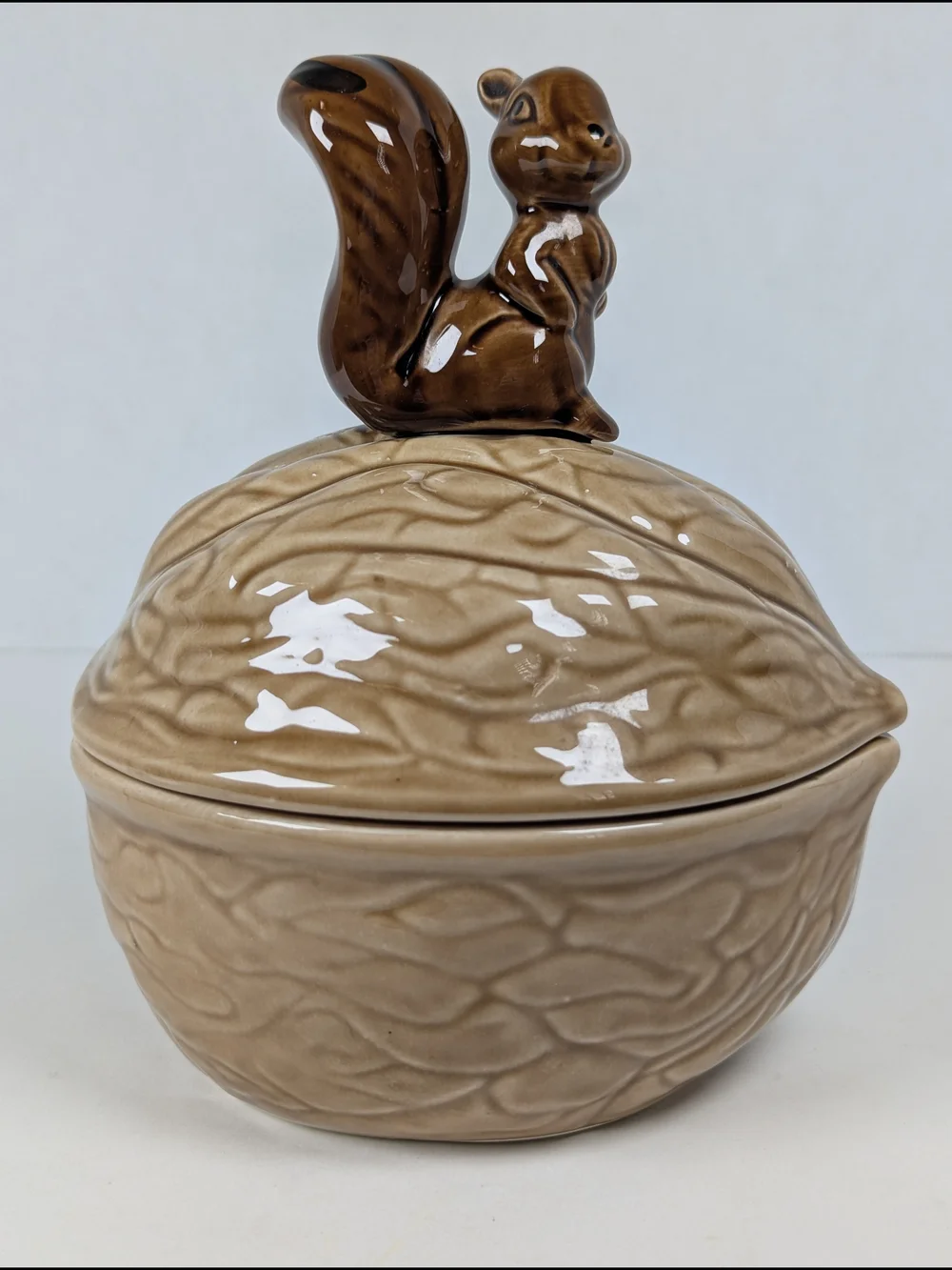 Vintage MCM Ceramic Squirrel on Walnut Acorn Candy Nut Dish Bowl